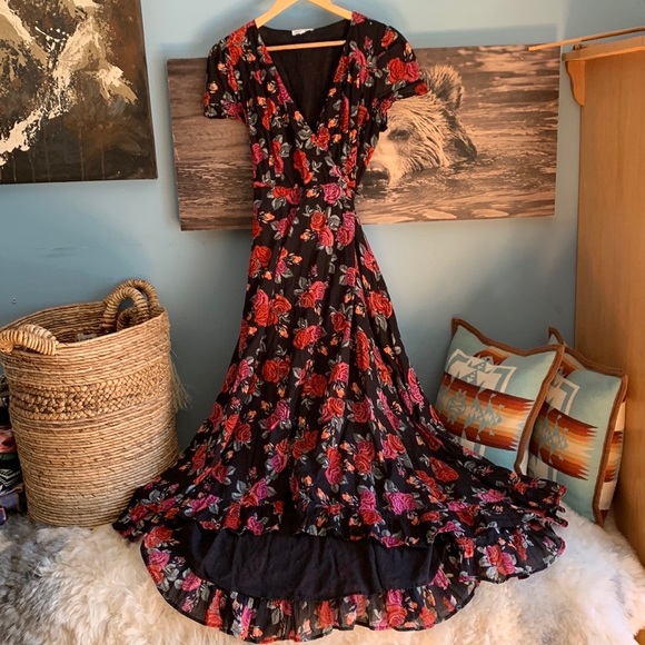 Patrons of Peace black,red,pink small floral print flowing cotton dress. - Picture 2 of 11